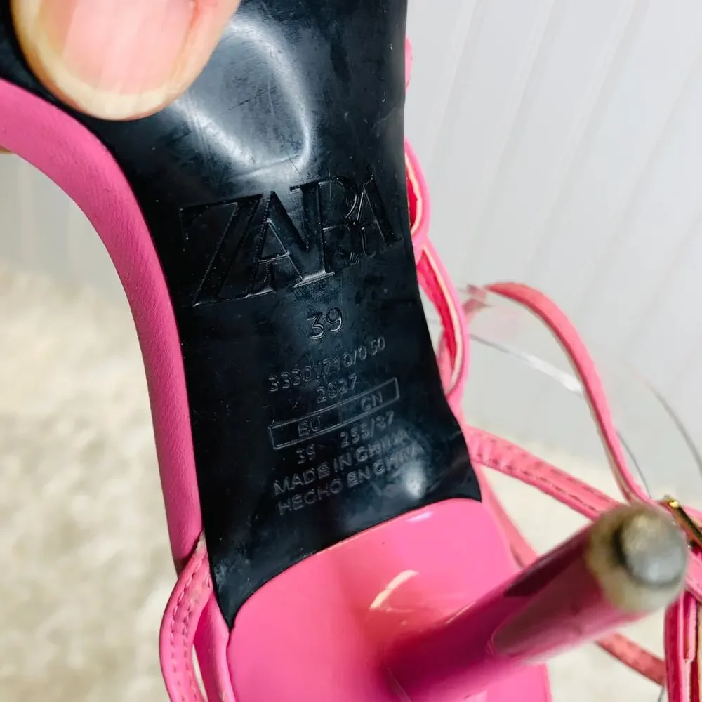 PINK Zara Strappy Heels Wrap Ankle Strap Sz 39 8.5 Scuffed Heels - Picture 9 of 9